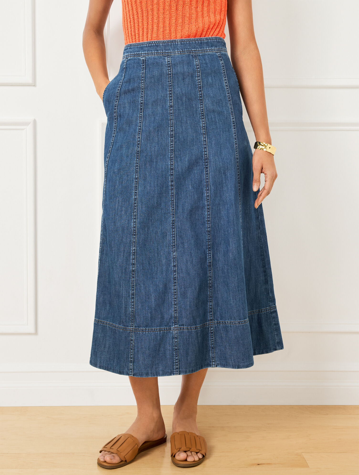 Denim Fit & Flare Midi Skirt