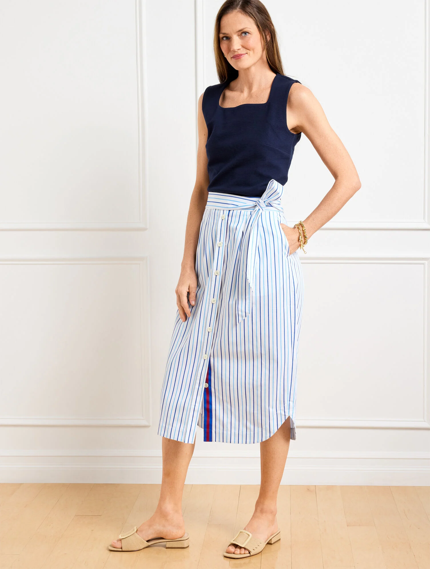 Fresh Poplin Tie Waist Midi Skirt - Veranda Stripe