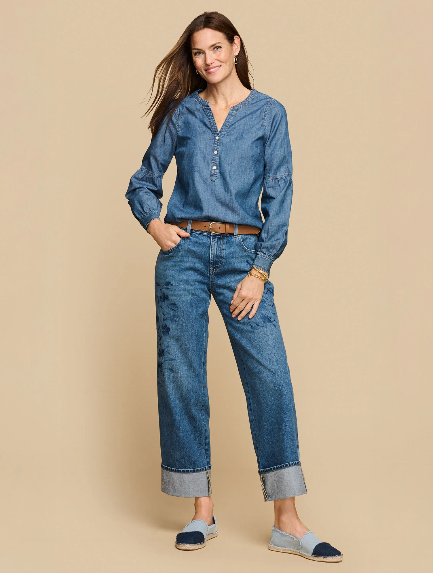 Wide Straight Ankle Embroidered Cuff Jeans - Botanica Wash