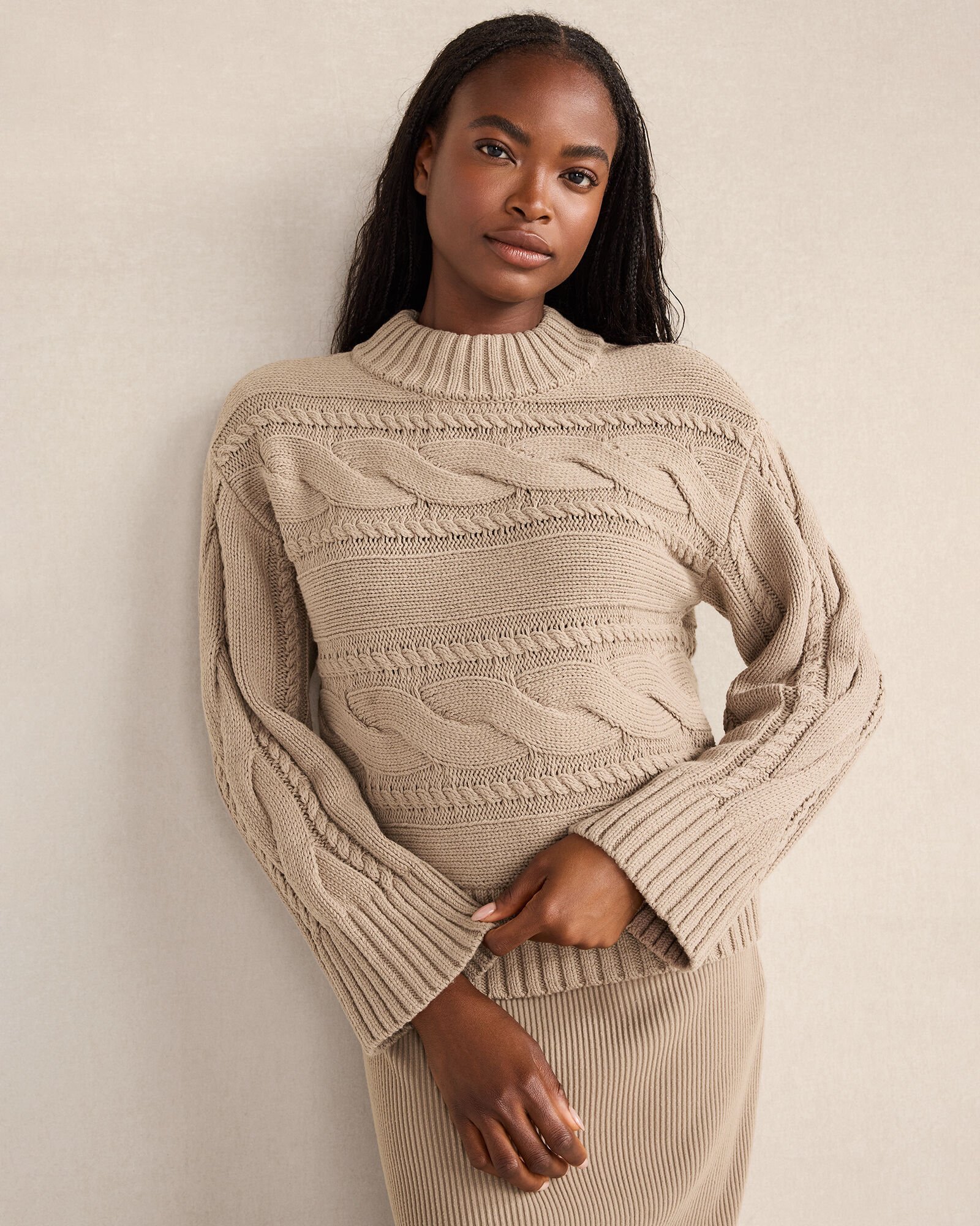 Cotton Blend Horizontal Cable Sweater