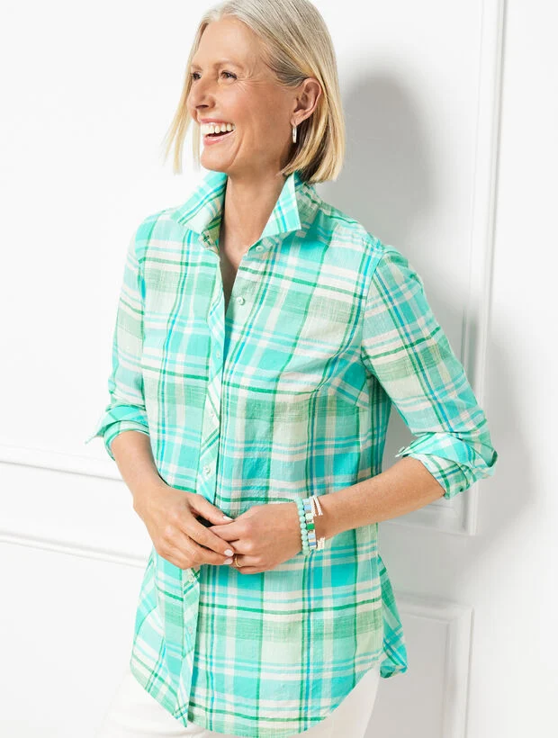 Cotton Button Front Shirt - Mulberry Plaid