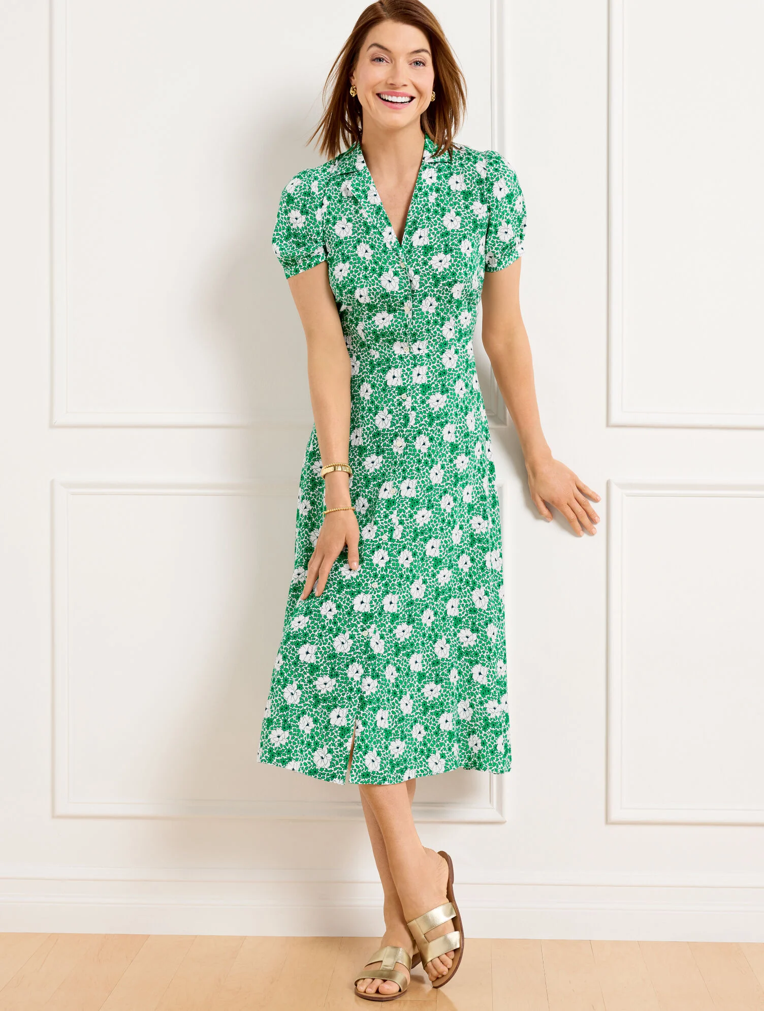 Puff Sleeve Shirtdress - Ditsy Vines
