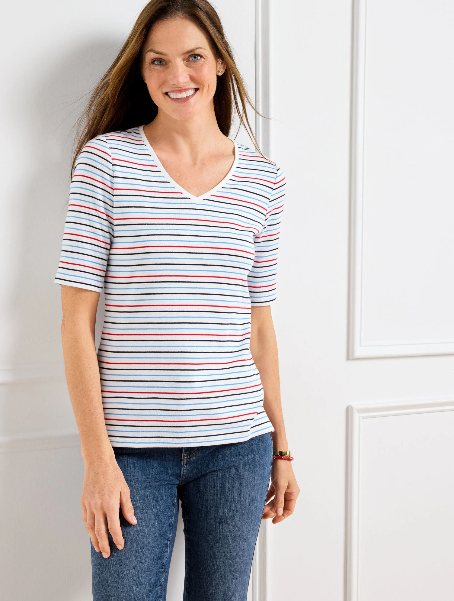 Elbow Sleeve V-Neck Tee - Margot Stripe