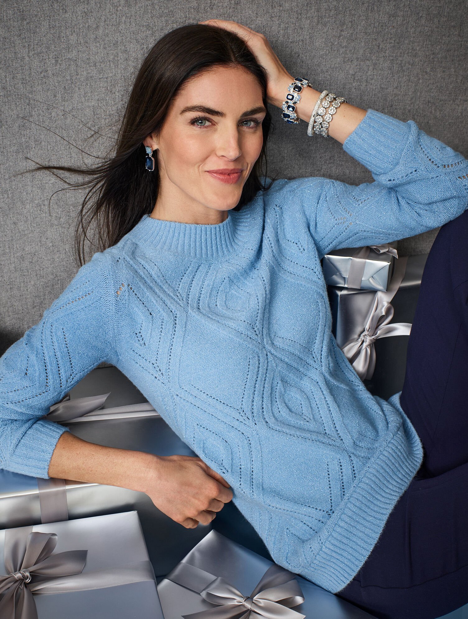 Open Cable Knit Bateau-Neck Sweater - Metallic