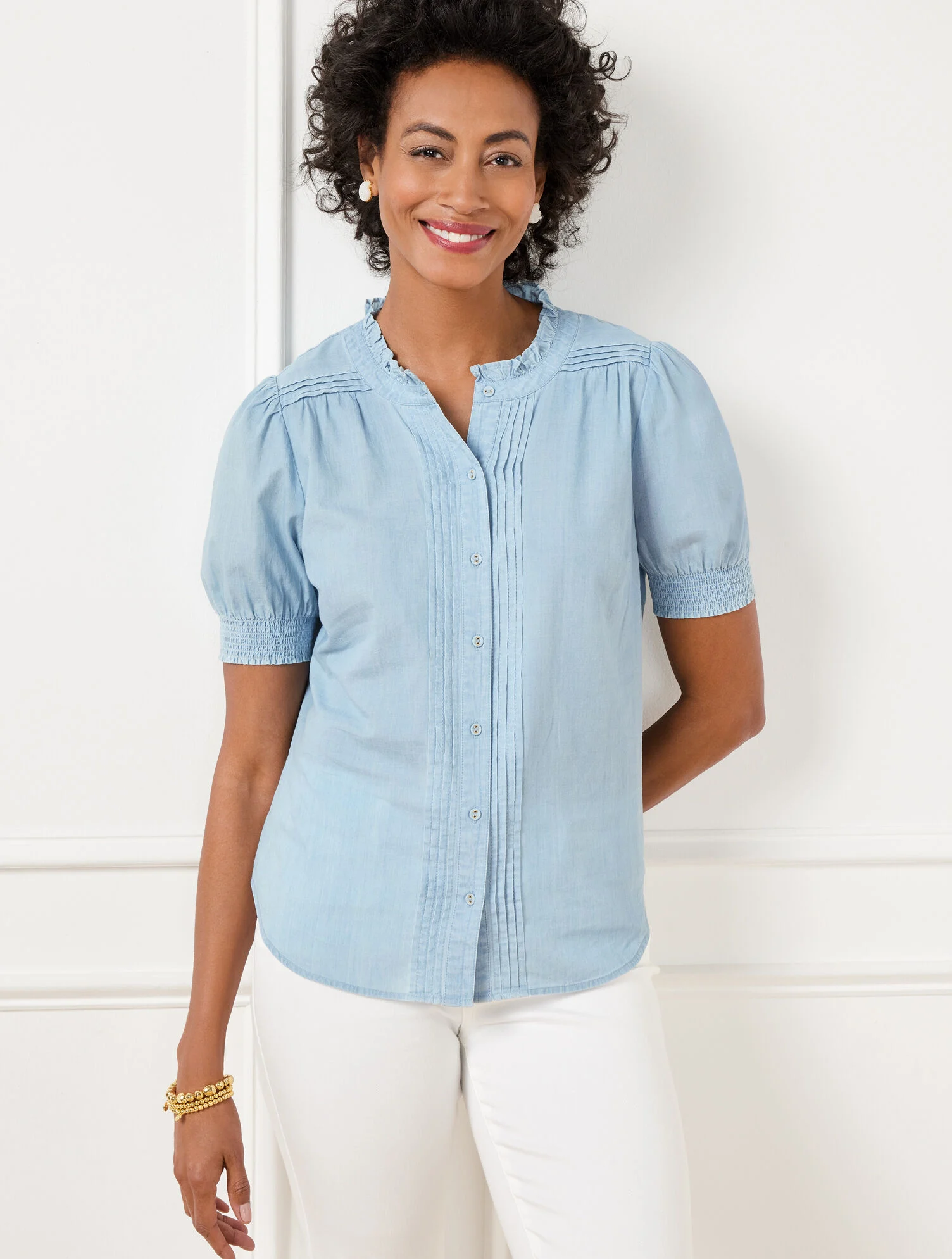 Stitch Pleat Chambray Top