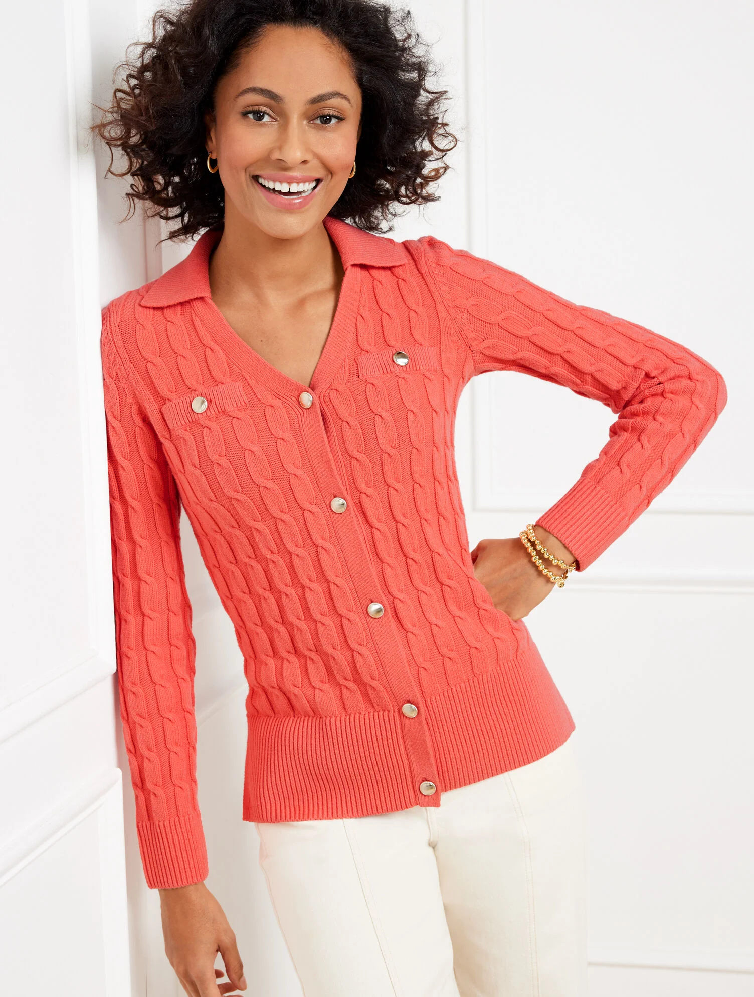 Mixed Cable Knit Polo Cardigan