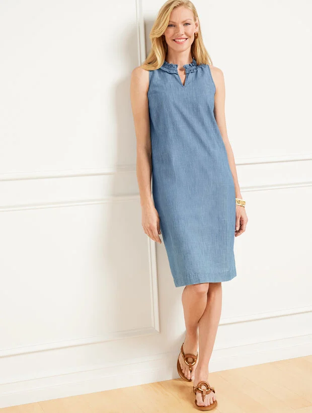 Ruffle Neck Denim Shift Dress