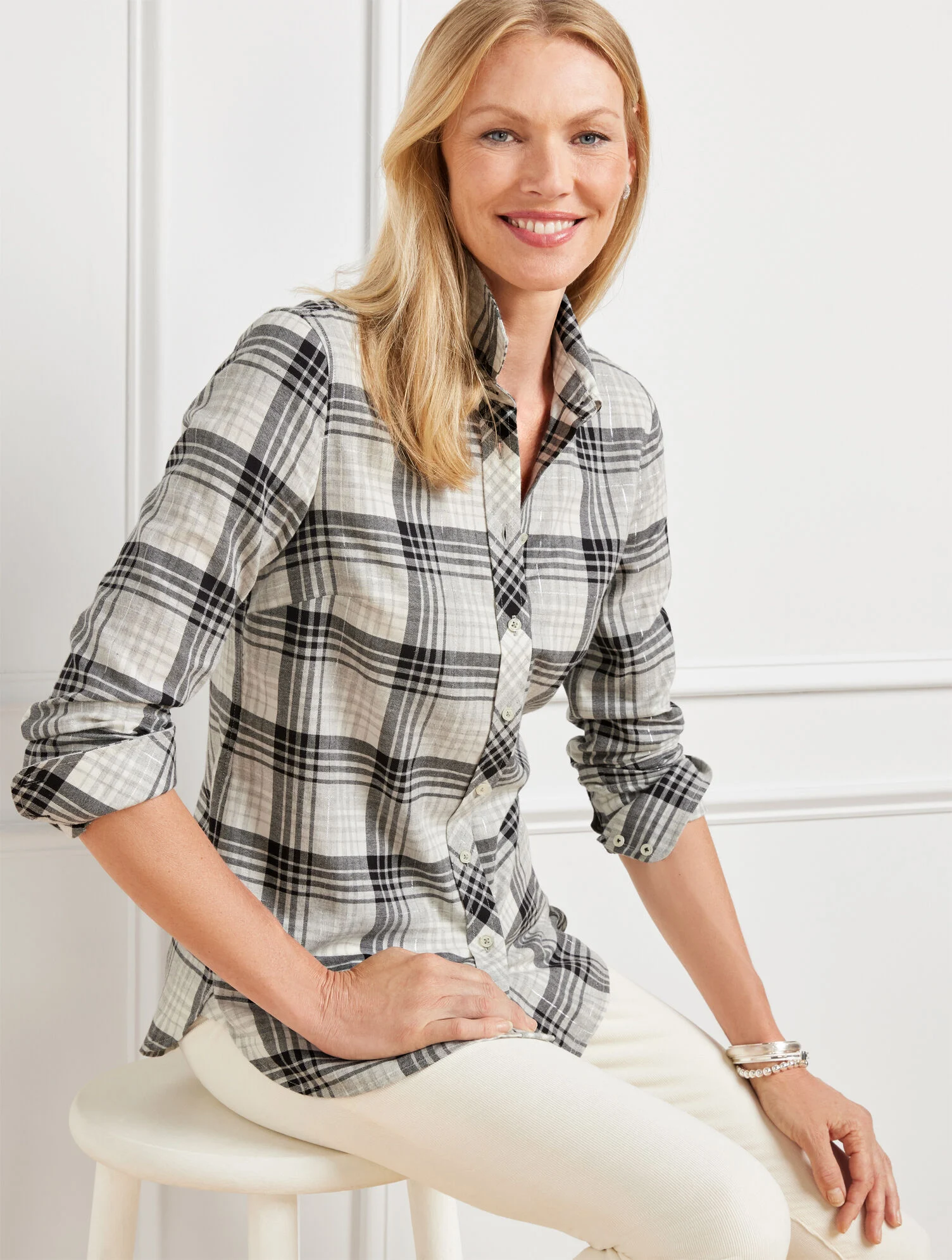 Cotton Button Front Shirt - Ornament Plaid Metallic