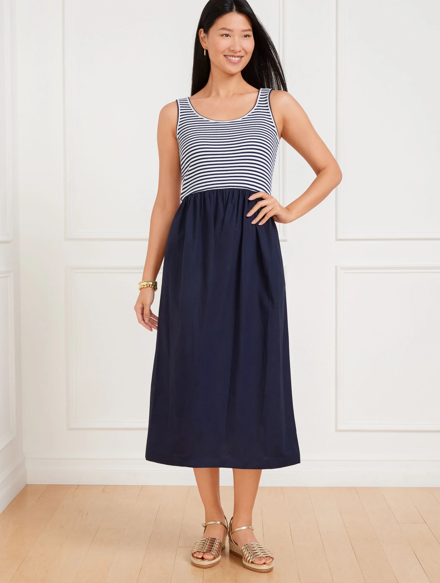 Mixed Media Poplin Midi Dress - Stripe