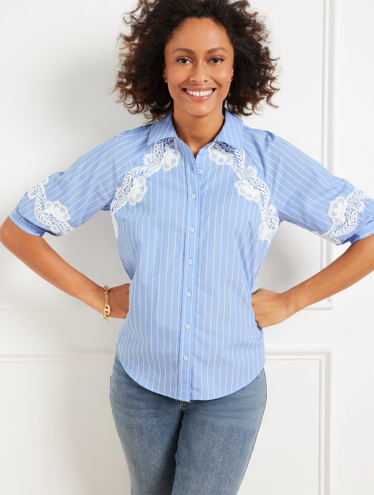 Lace Trim Poplin Shirt - Crisp Stripe