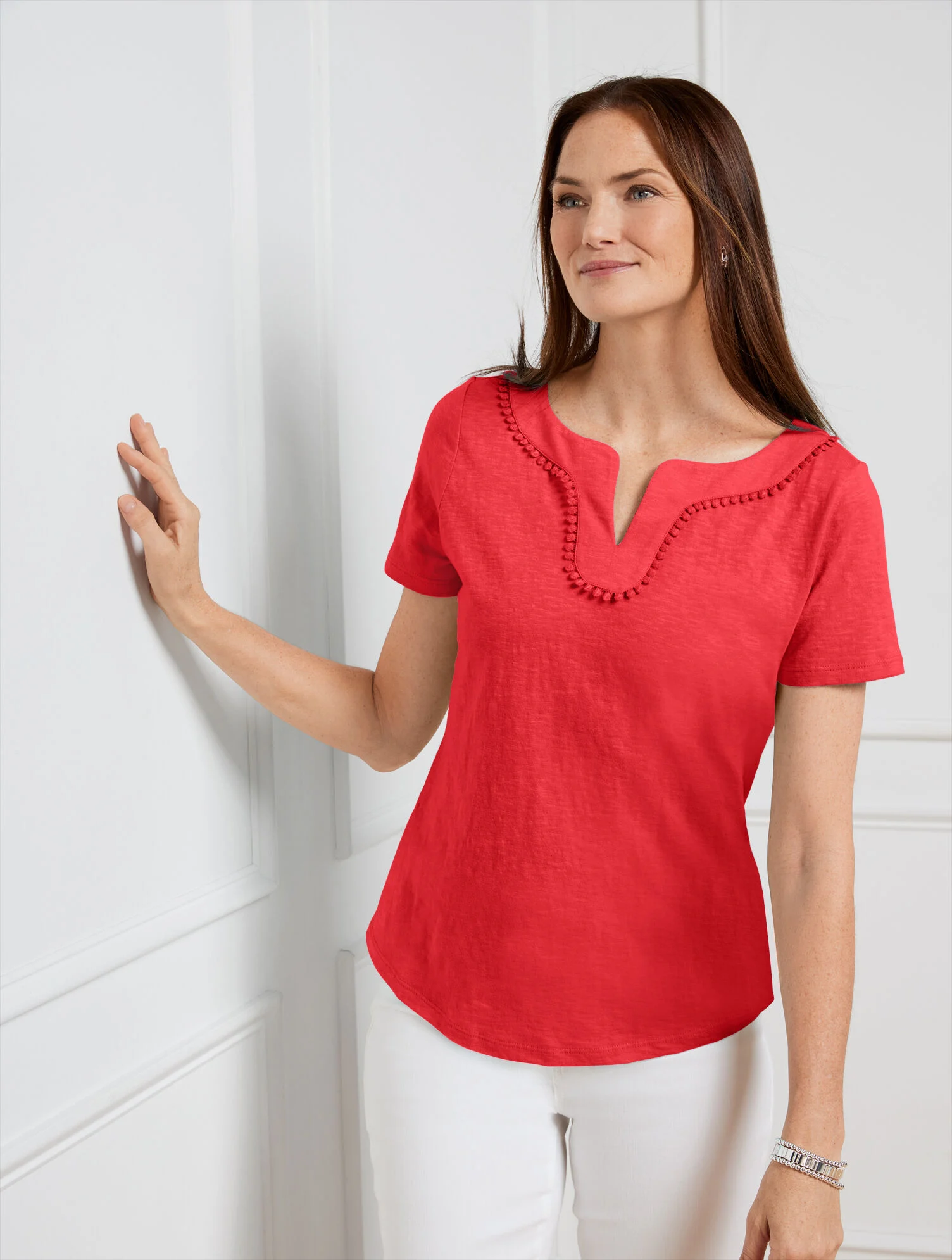 Dot Trim Split Neck Tee