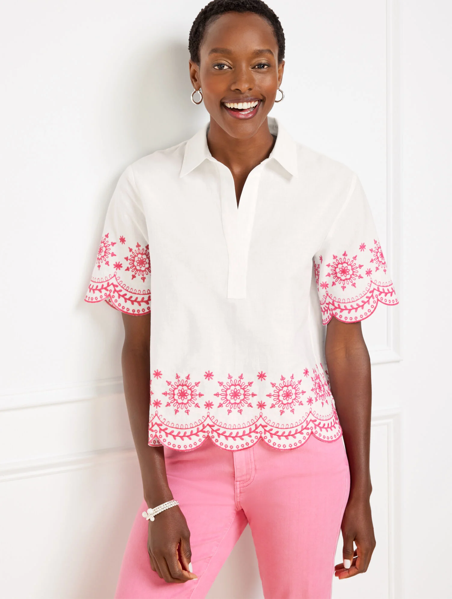 Embroidered Linen Cotton Short Shirt - Scallop Medallion