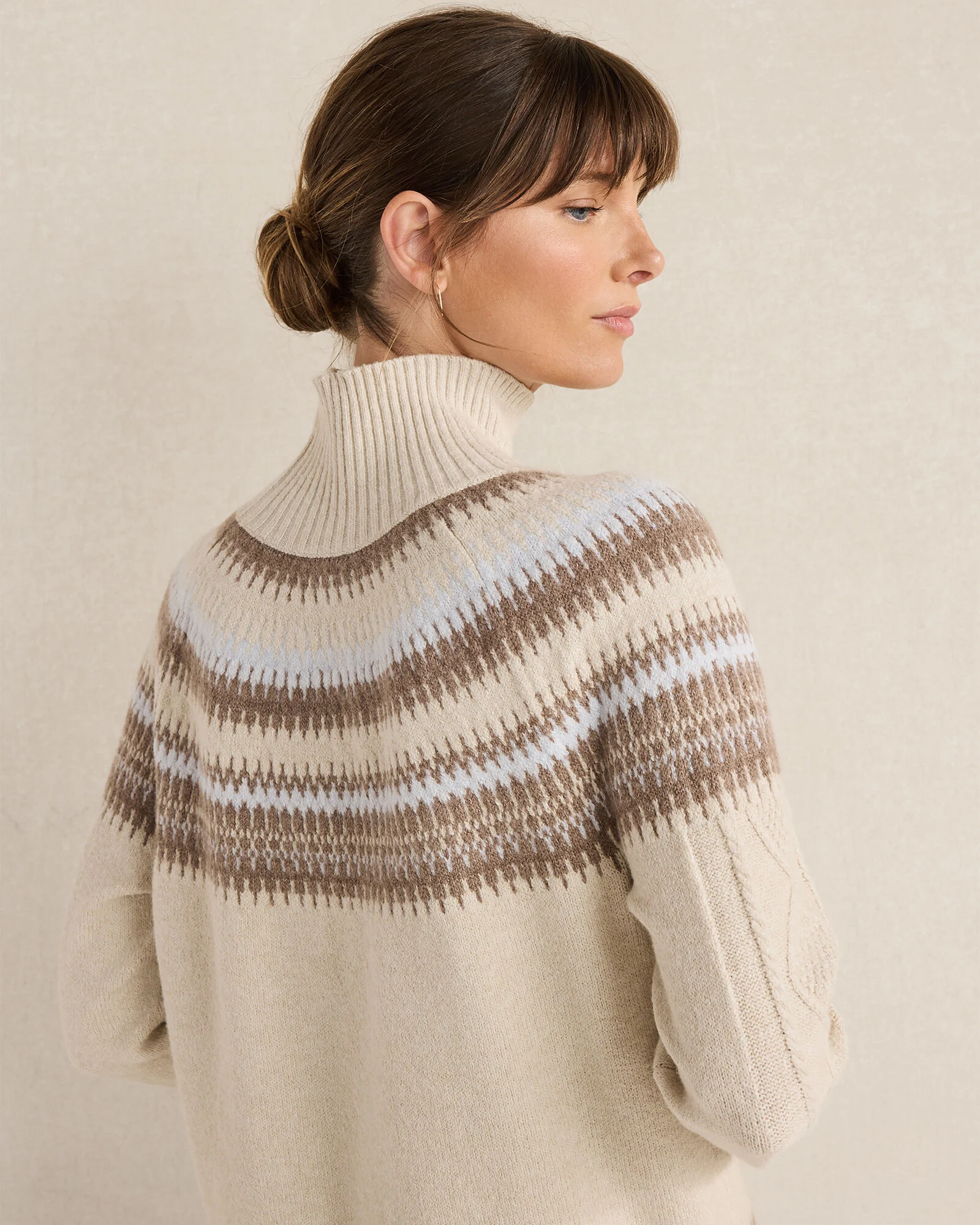 Organic Cotton Blend Fair Isle Cable Mockneck Sweater