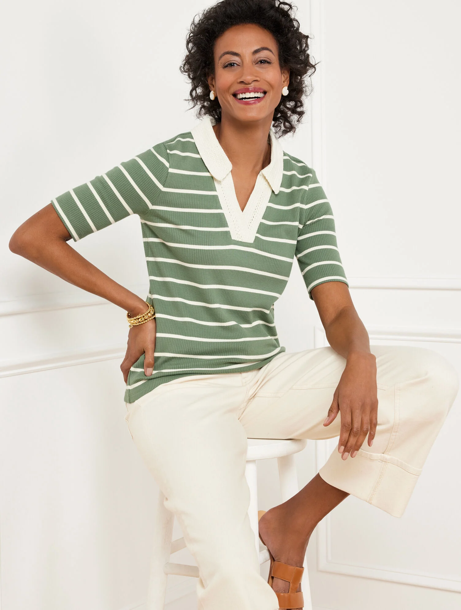 Crochet Trim Polo - Stripe