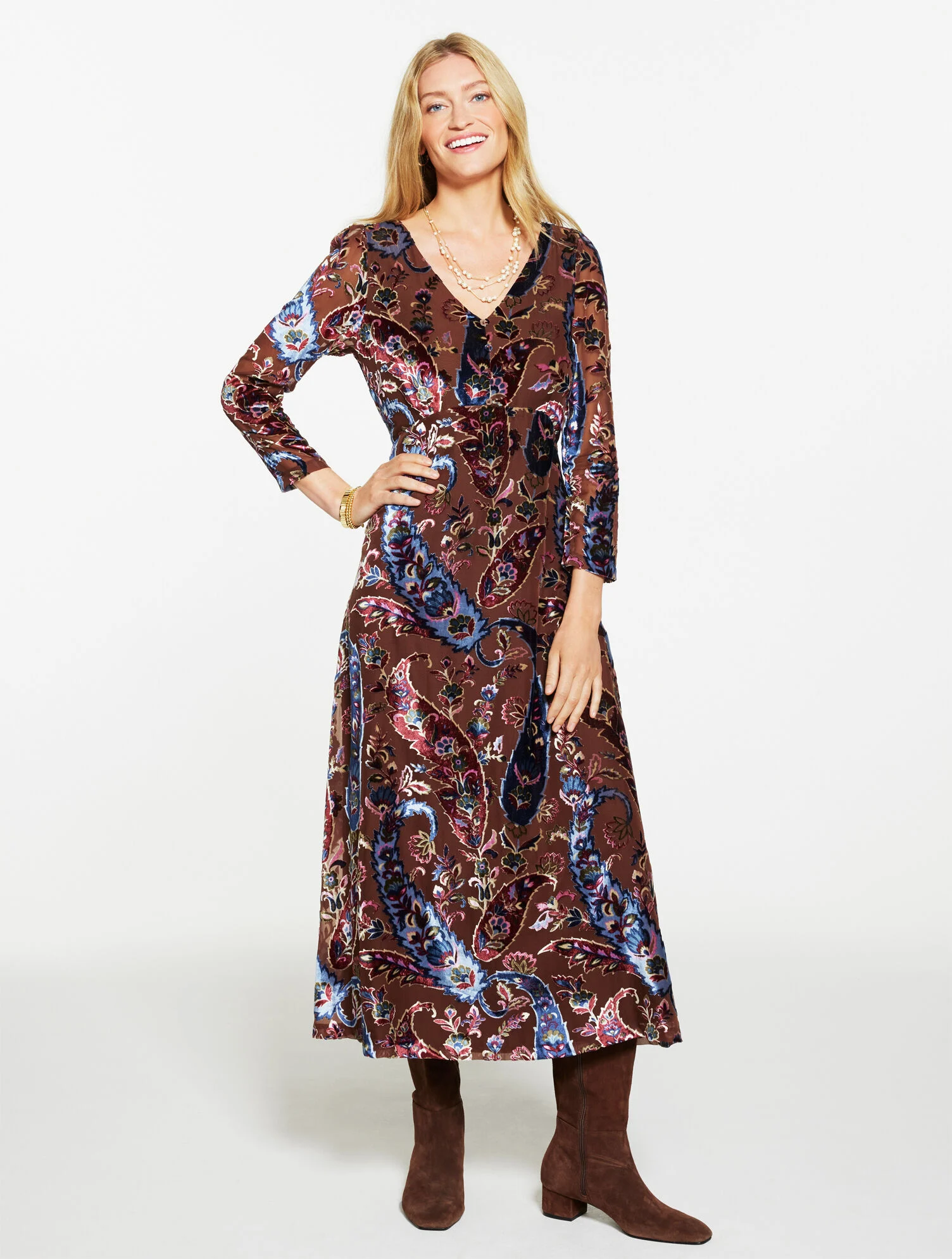 Burnout Velvet Fit & Flare Dress - Floral Paisley