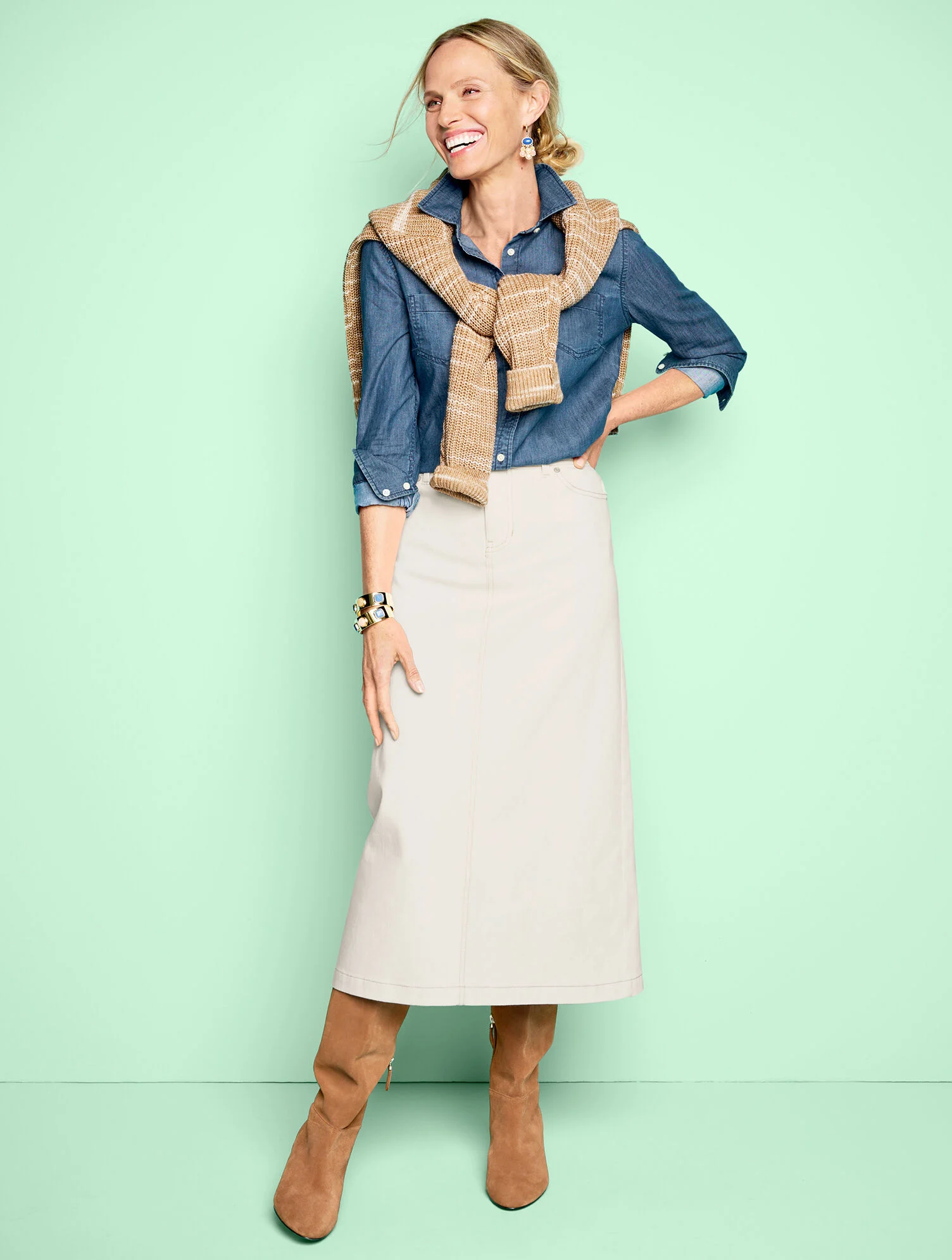 Denim Midi Skirt - Light Ecru