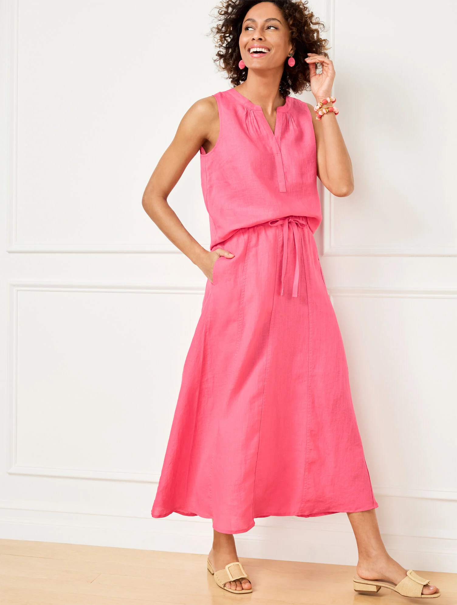 Linen Drawstring Midi Skirt