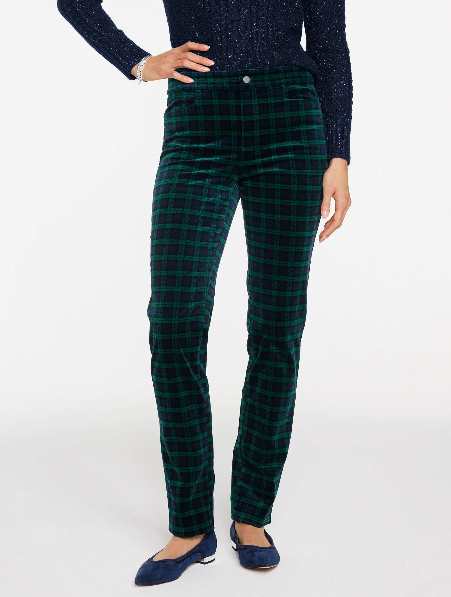 Straight Leg Velveteen Pants - Tranquil Tartan