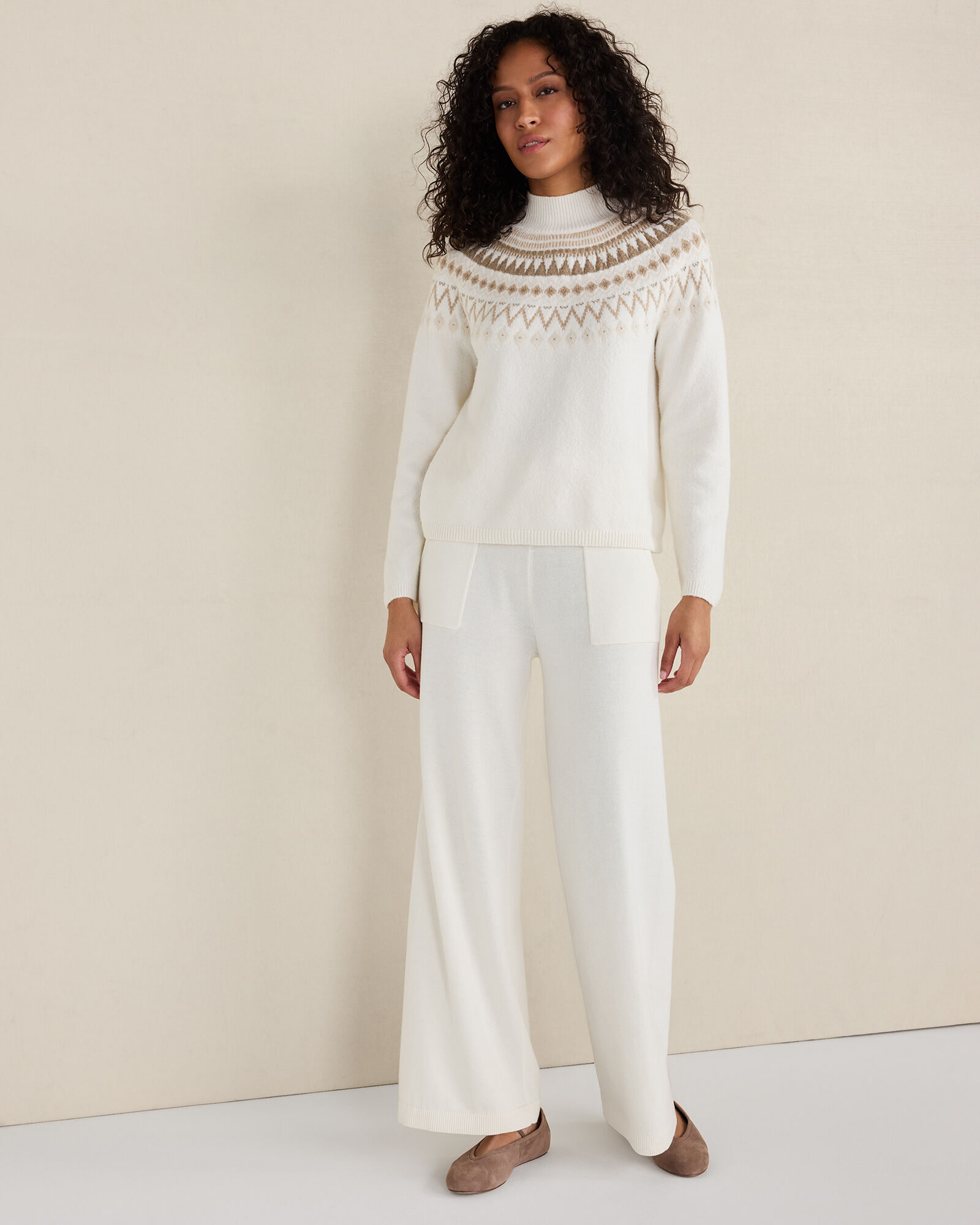 Organic Cotton Blend Fairisle Mock Neck Sweater