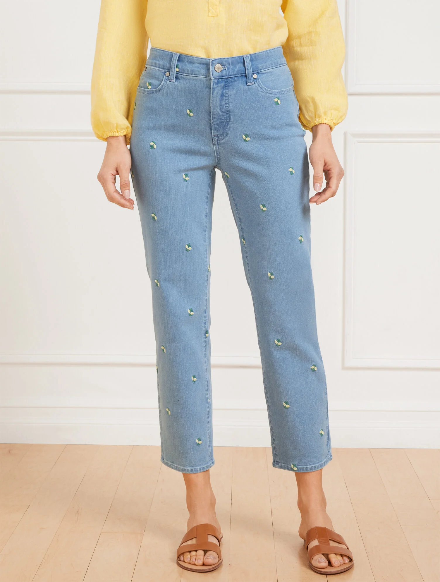 Straight Crop Embroidered Jeans - Tossed Lemon
