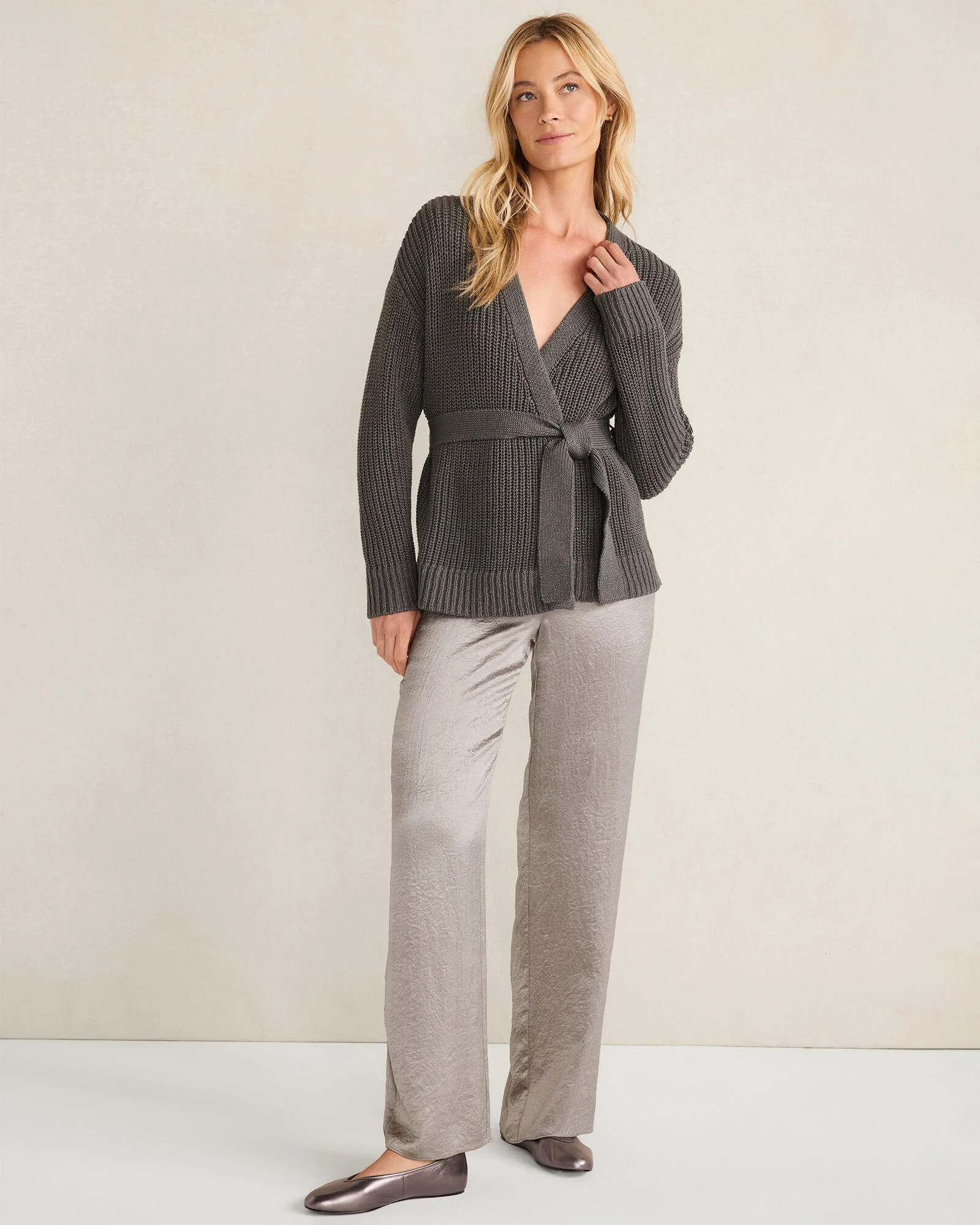 Cotton Blend Lurex Belted Cardigan