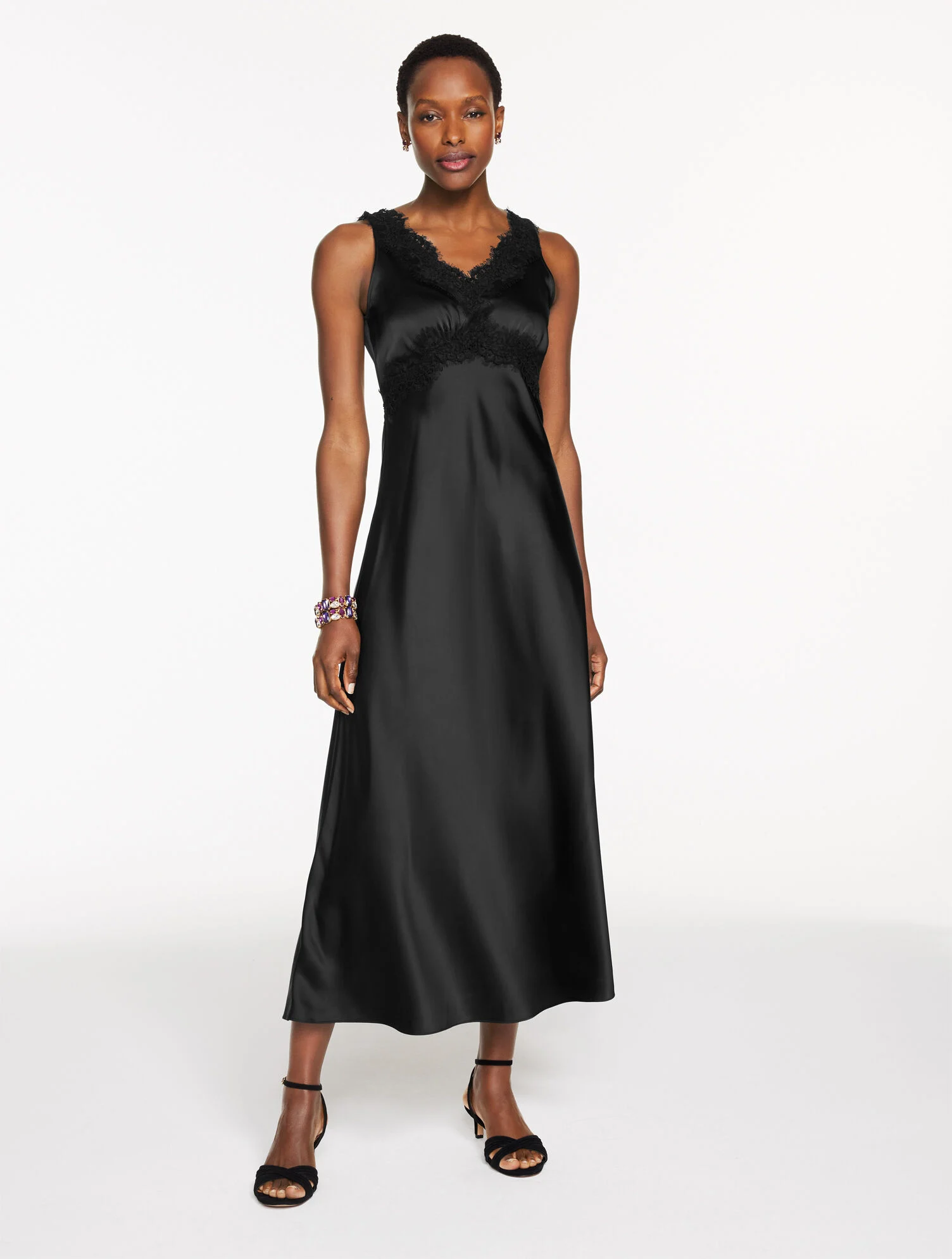 Lace Trim Satin Midi Dress