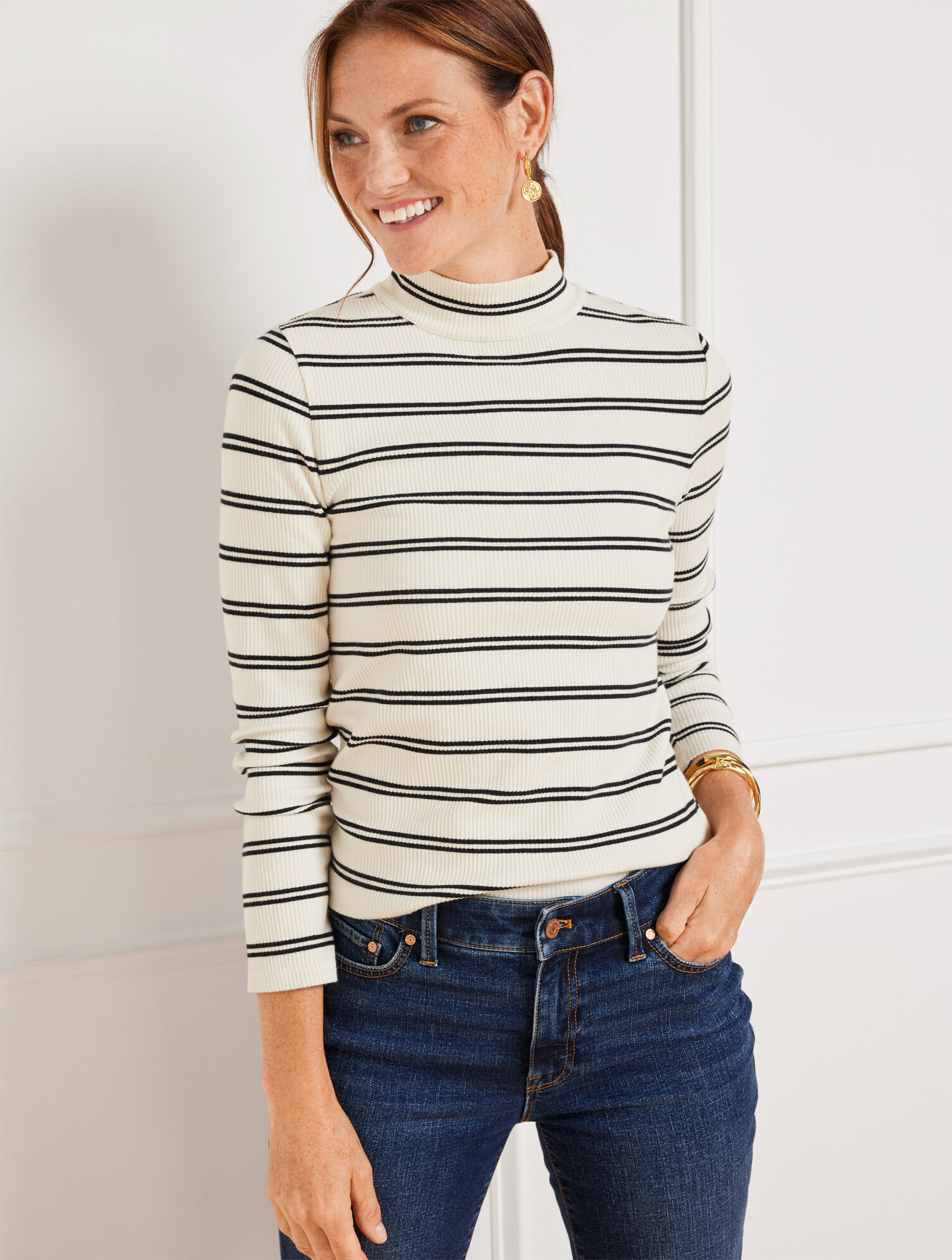 Ribbed Mockneck Tee - Emilia Stripe