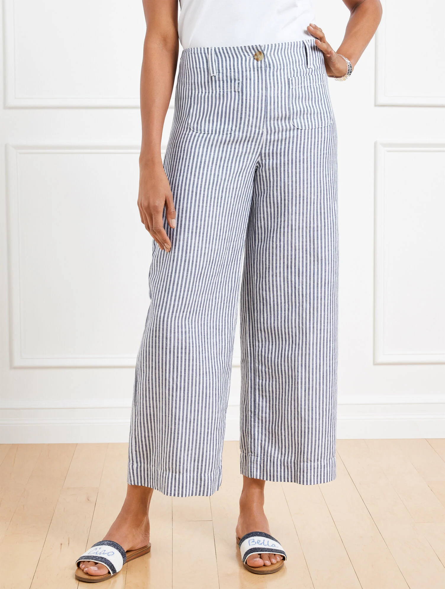 Wide Crop Patch Pocket Washed Linen Pants - Tailored Stripe