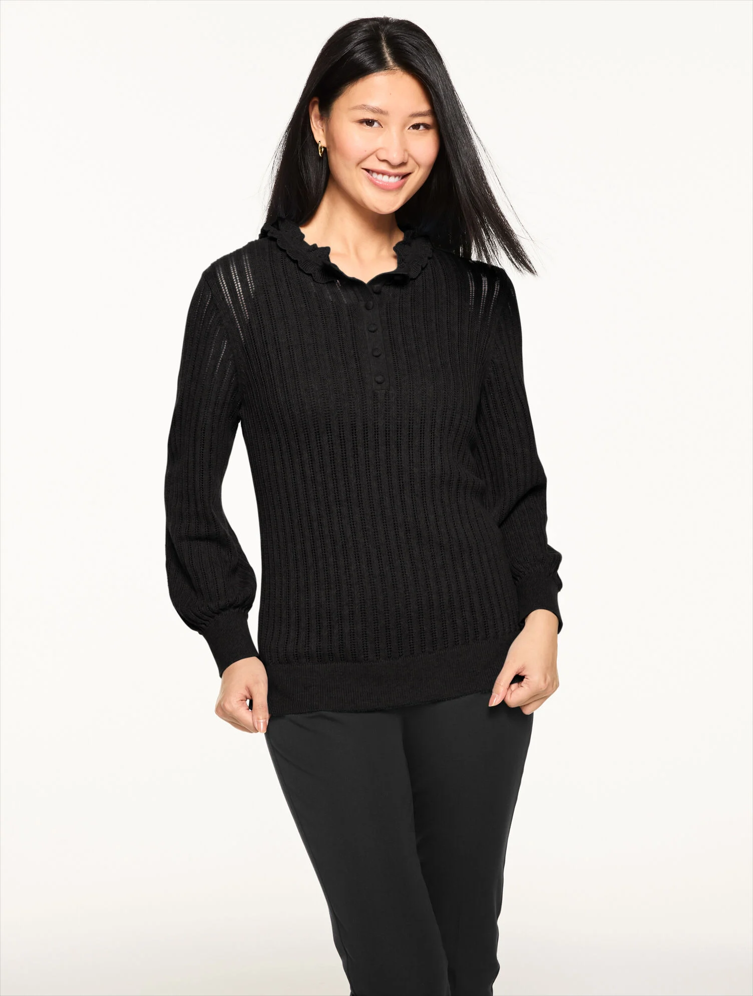 Ruffle Neck Henley Pullover