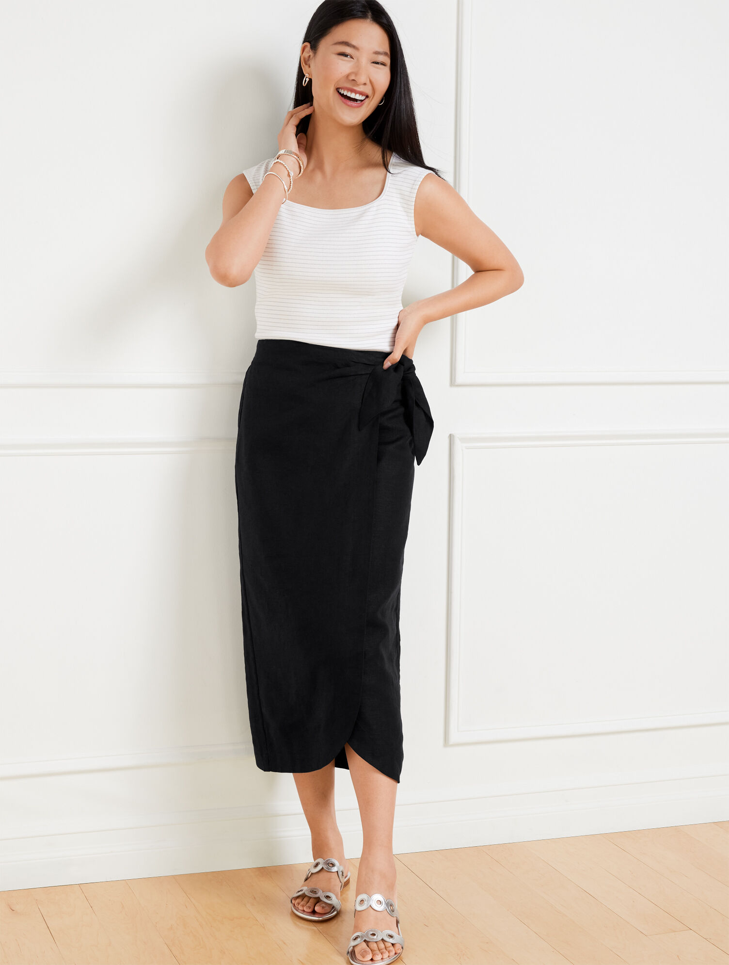 Tulip Hem Linen Midi Skirt