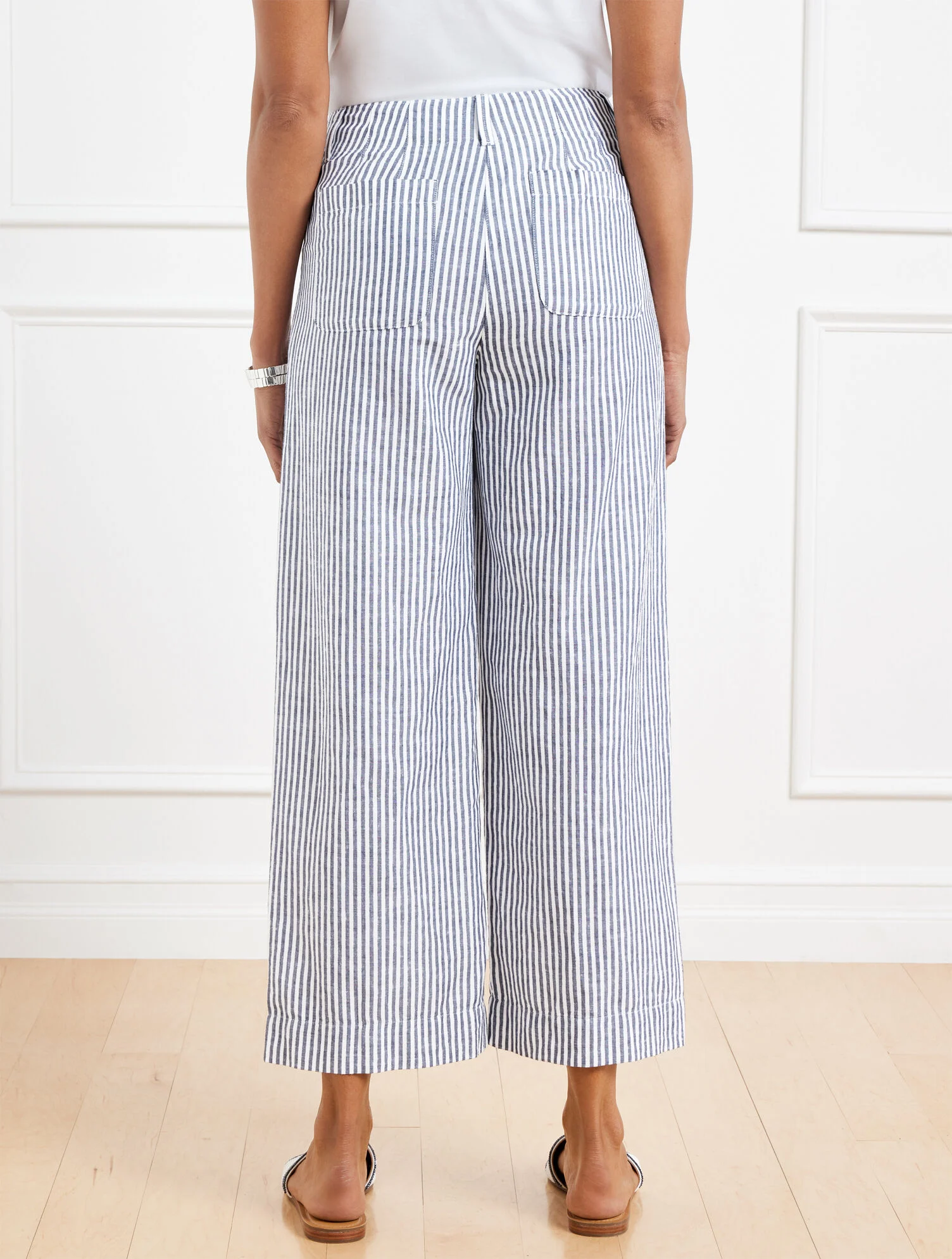 Wide Crop Patch Pocket Washed Linen Pants - Tailored Stripe