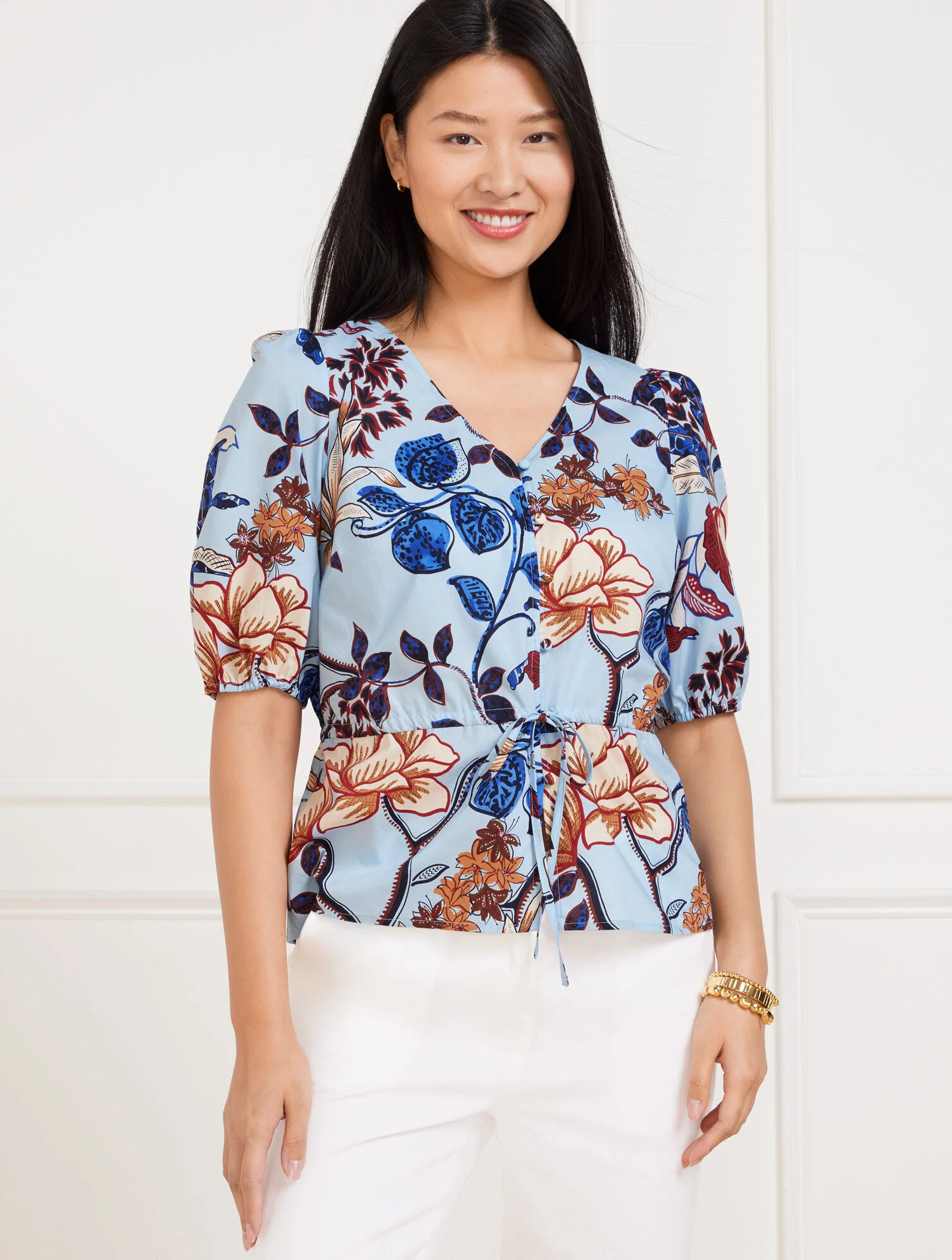 Tie Waist Peplum Top - Verdant Botanical