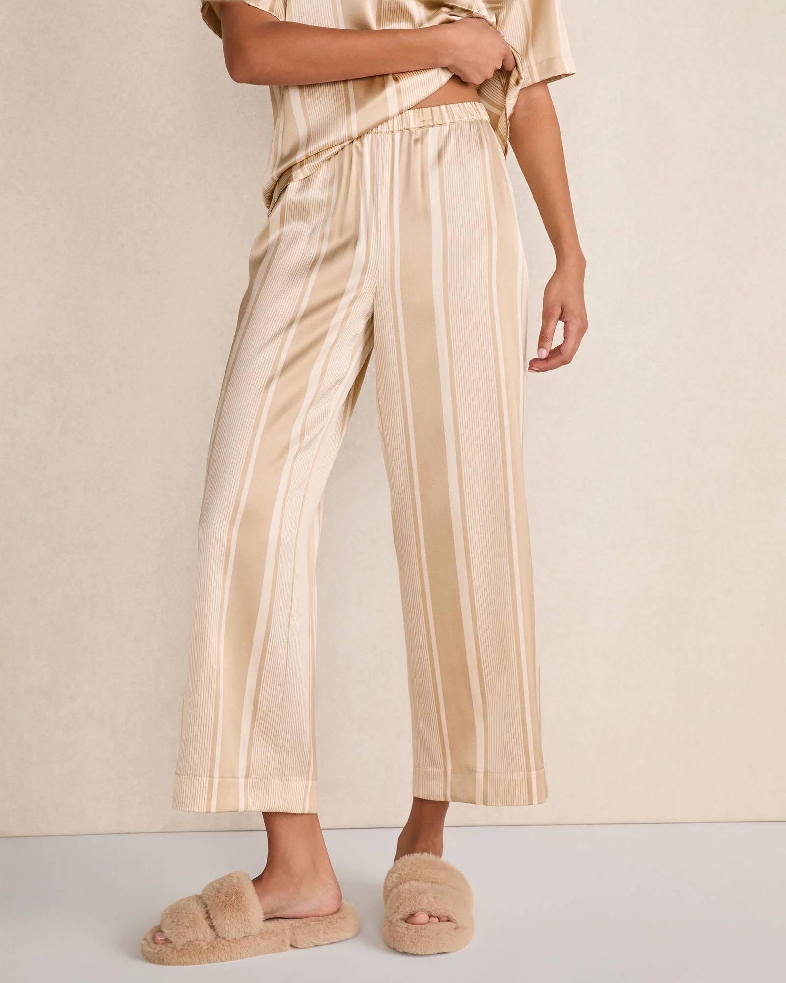 Washable Silk Stripe Cropped Wide Leg Pants