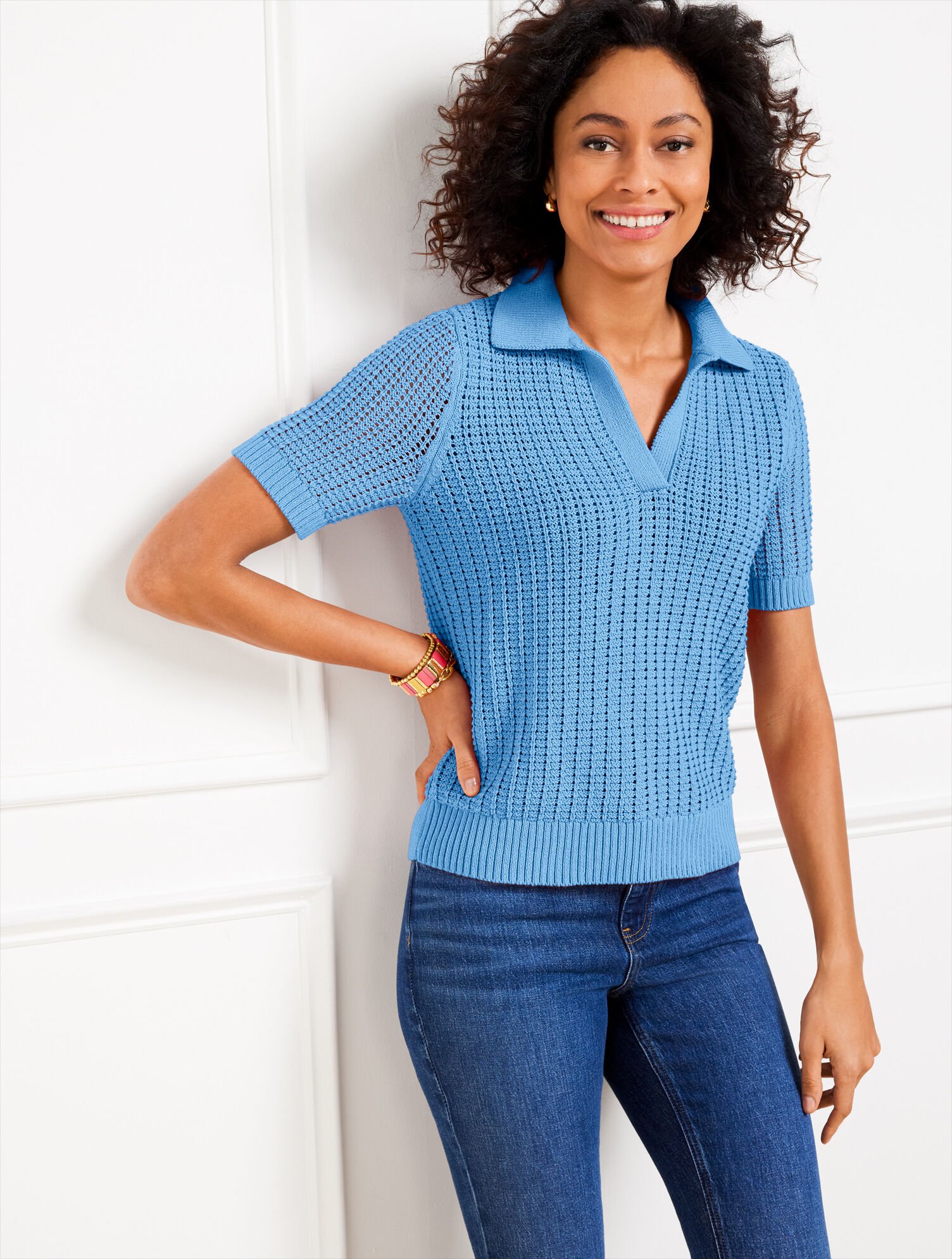 Pointelle Stitch Polo Sweater