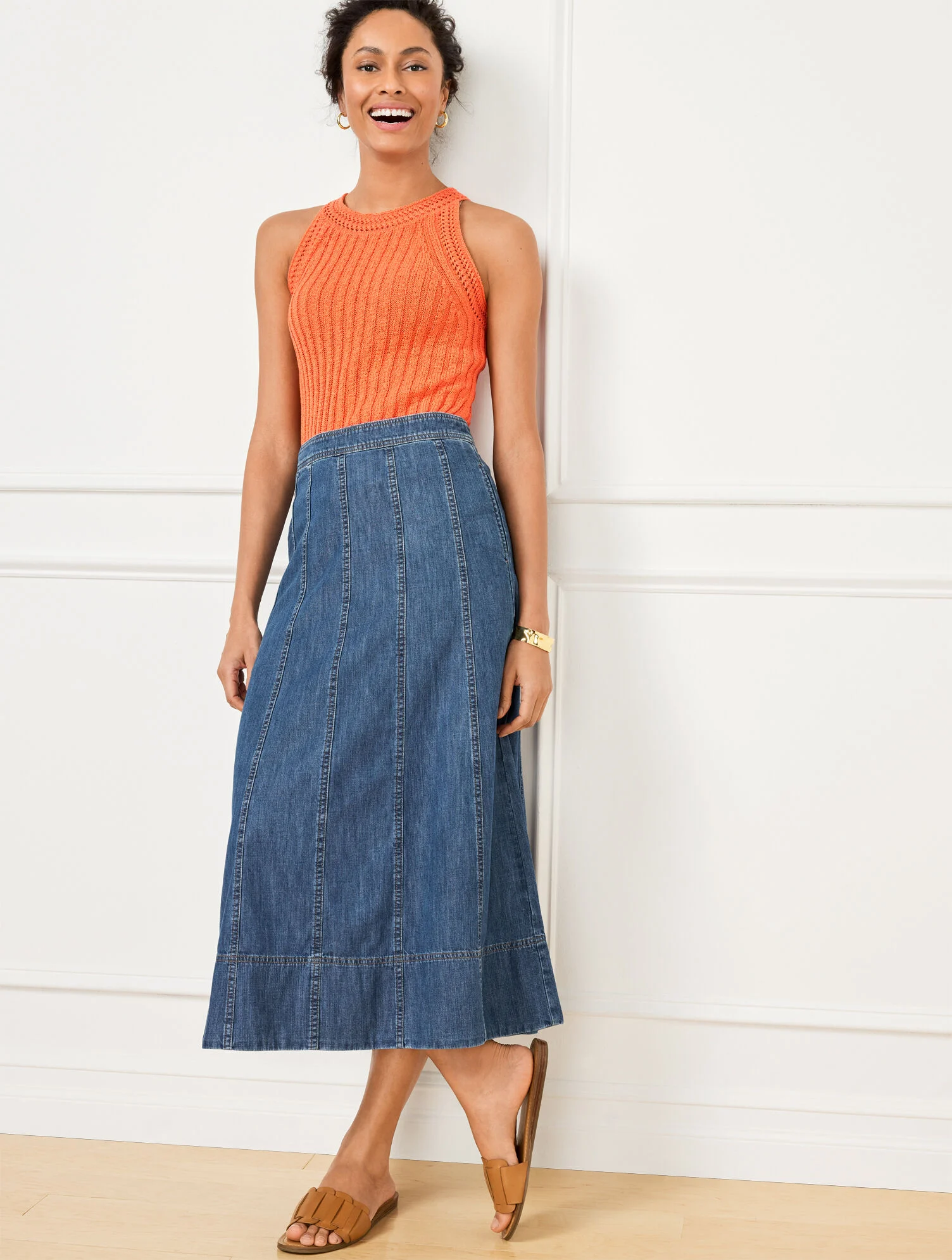 Denim Fit & Flare Midi Skirt