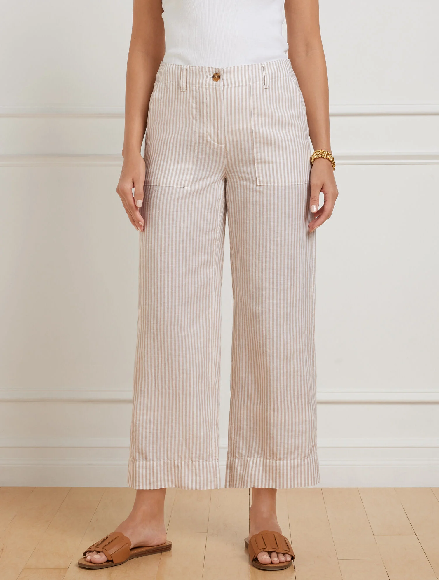 Straight Ankle Washed Linen Pants - Tailored Stripe