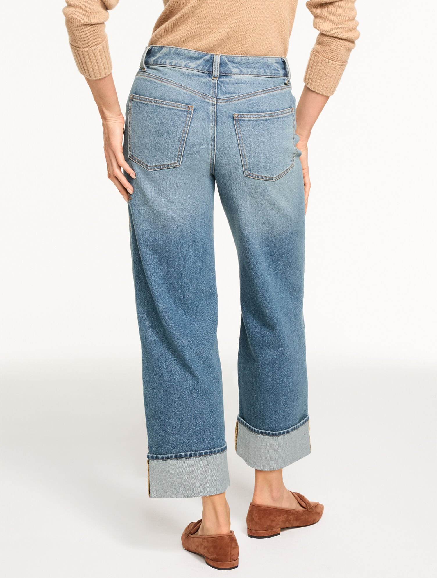 Straight Ankle Cuff Embroidered Jeans - Autumn Wash