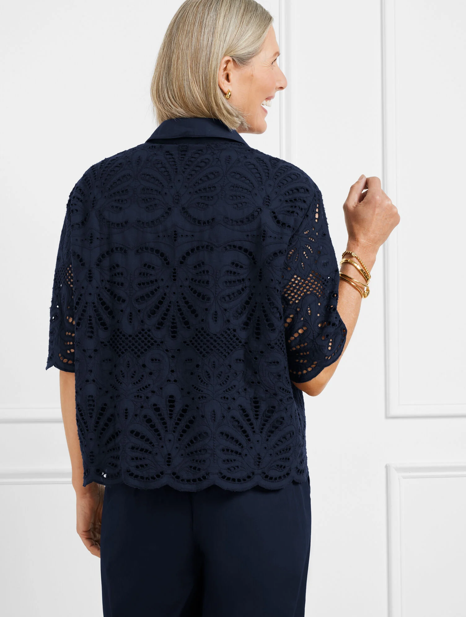 Johnny Collar Short Popover - Blooming Eyelet