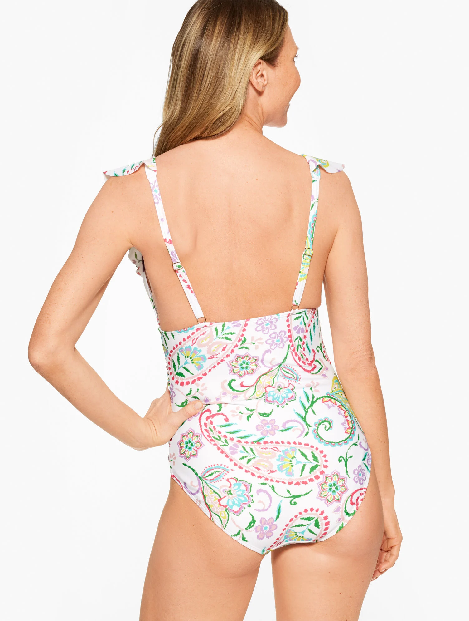 Aqua Club Ruffle V-Neck One-Piece Swimsuit - Island Paisley