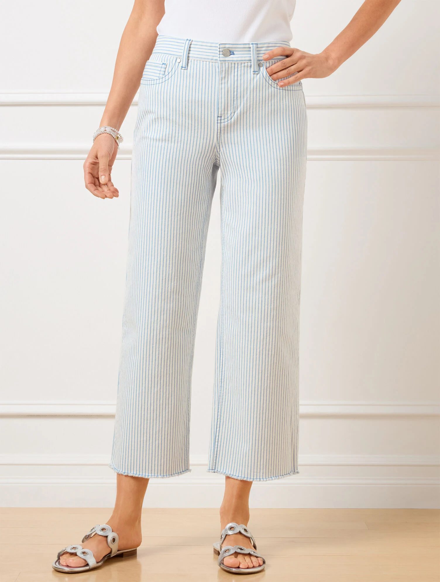 High Waist Wide Crop Jeans - Awning Stripe