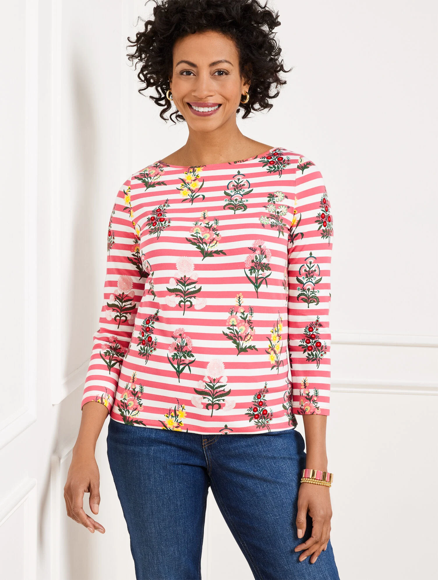Bateau Neck Tee - Floral Radiance Stripe