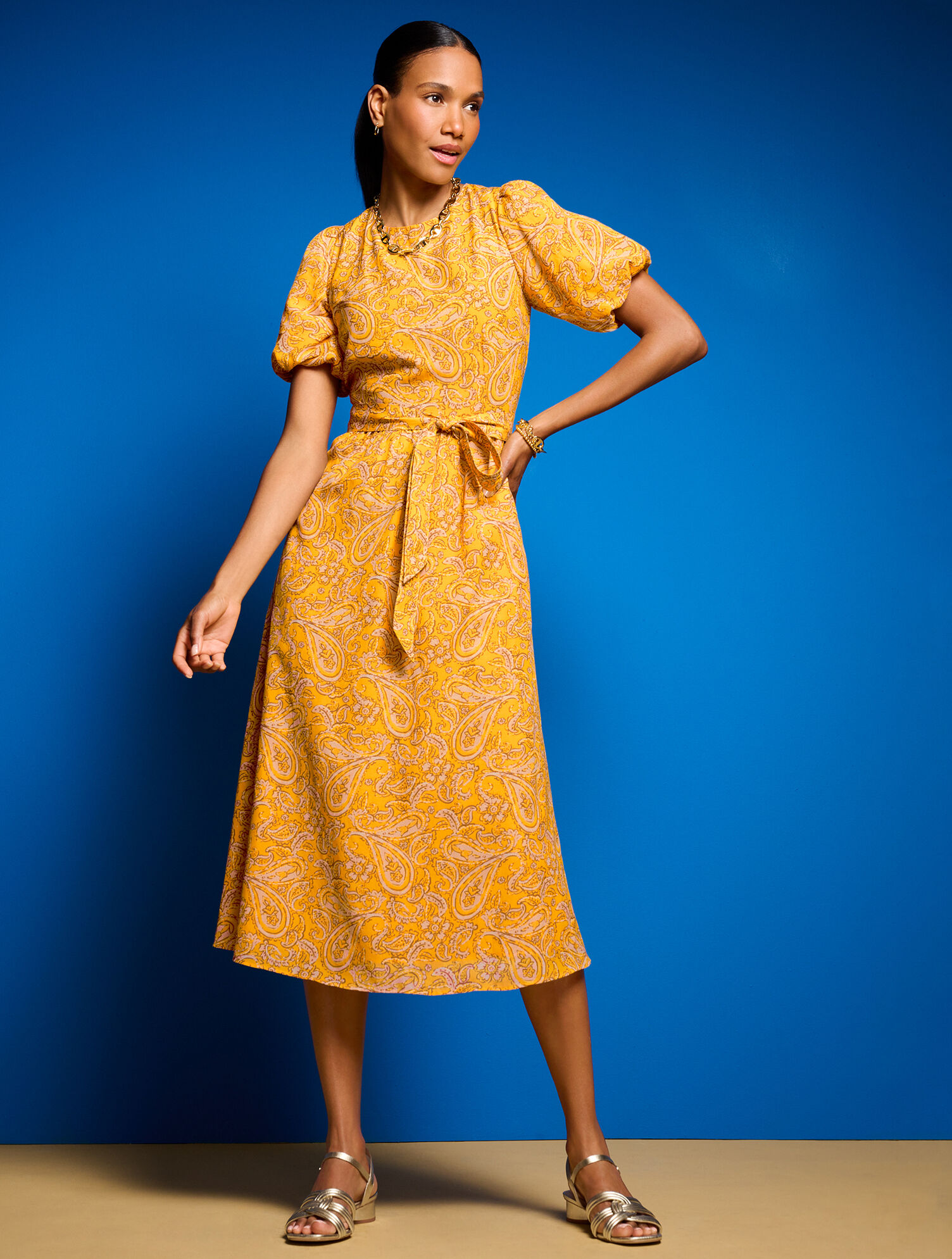 Puff Sleeve Midi Dress - Paisley Delight