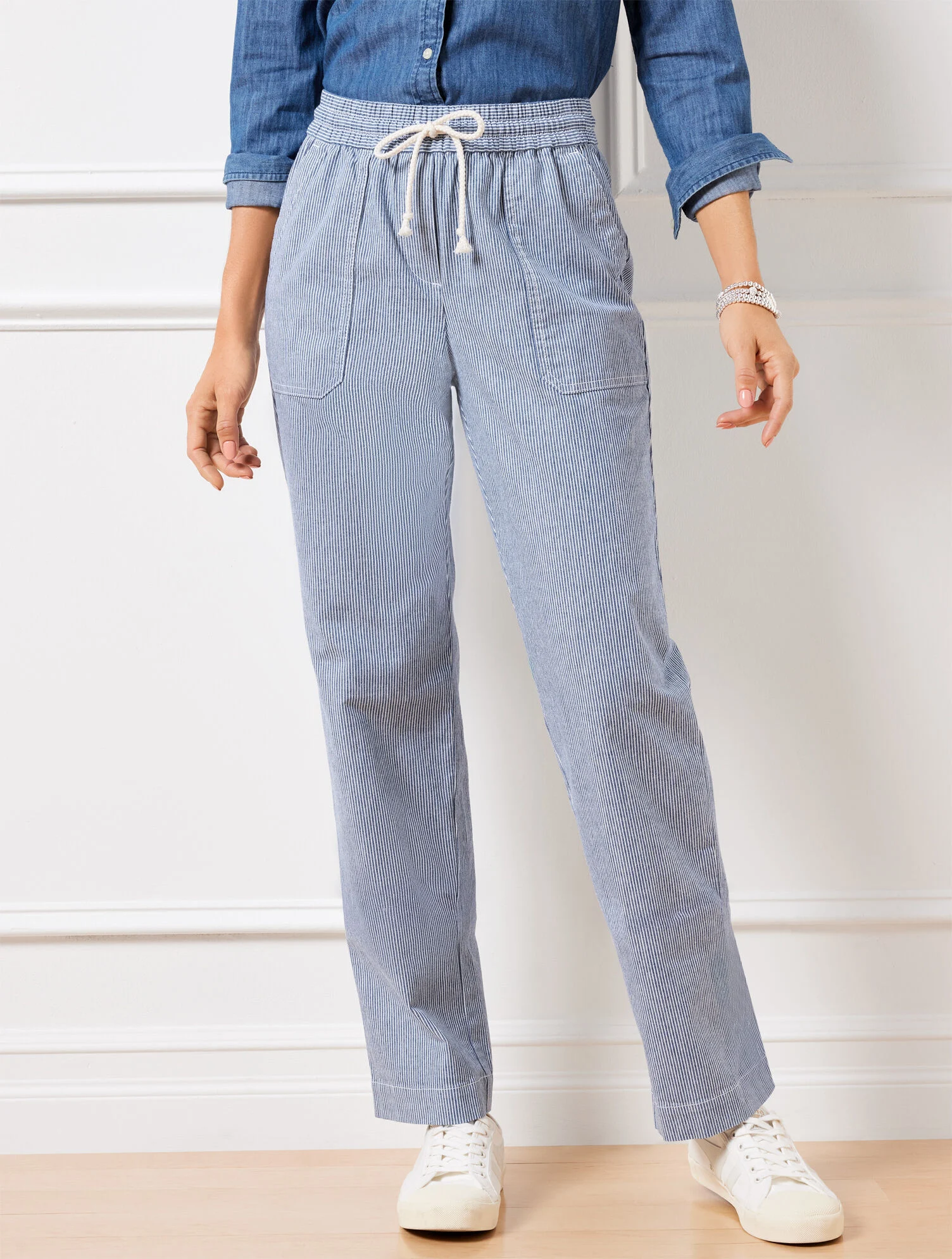 Straight Leg Drawstring Pants - Railroad Stripe