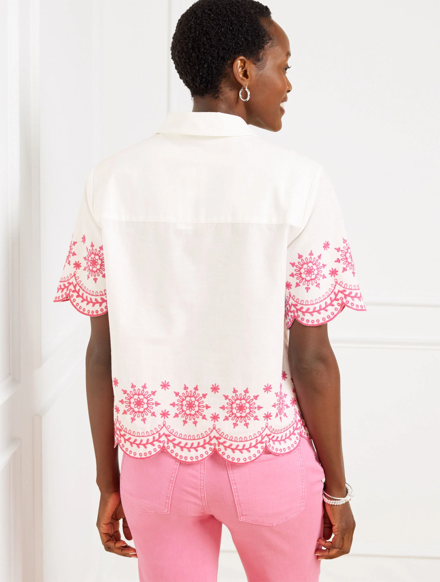 Embroidered Linen Cotton Short Shirt - Scallop Medallion