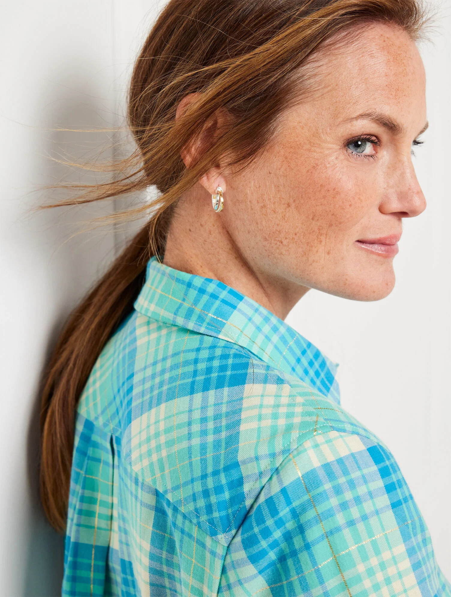 Cotton Button Front Shirt - Ornament Plaid Metallic