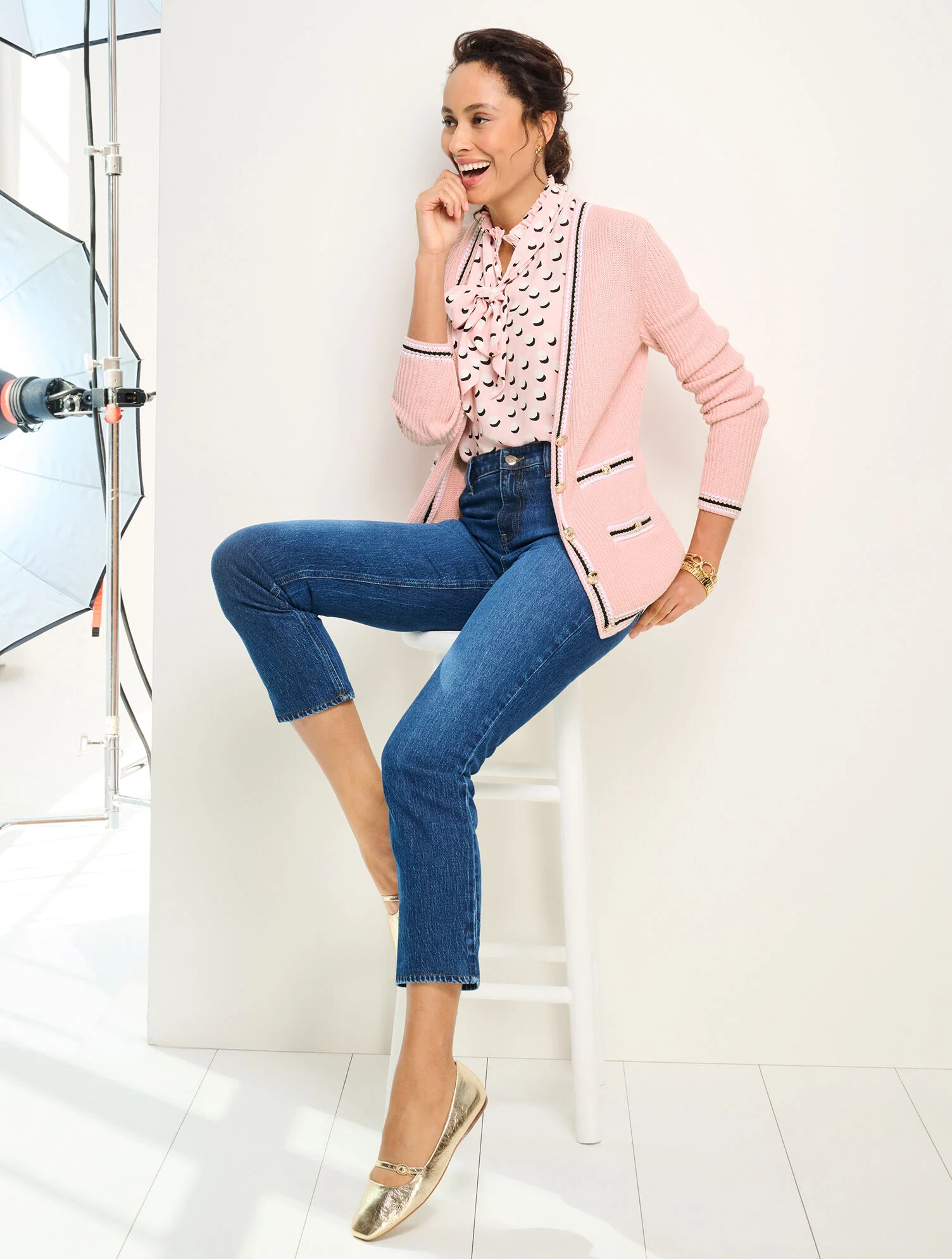 Texture V-Neck Cardigan - Tipped Stripe