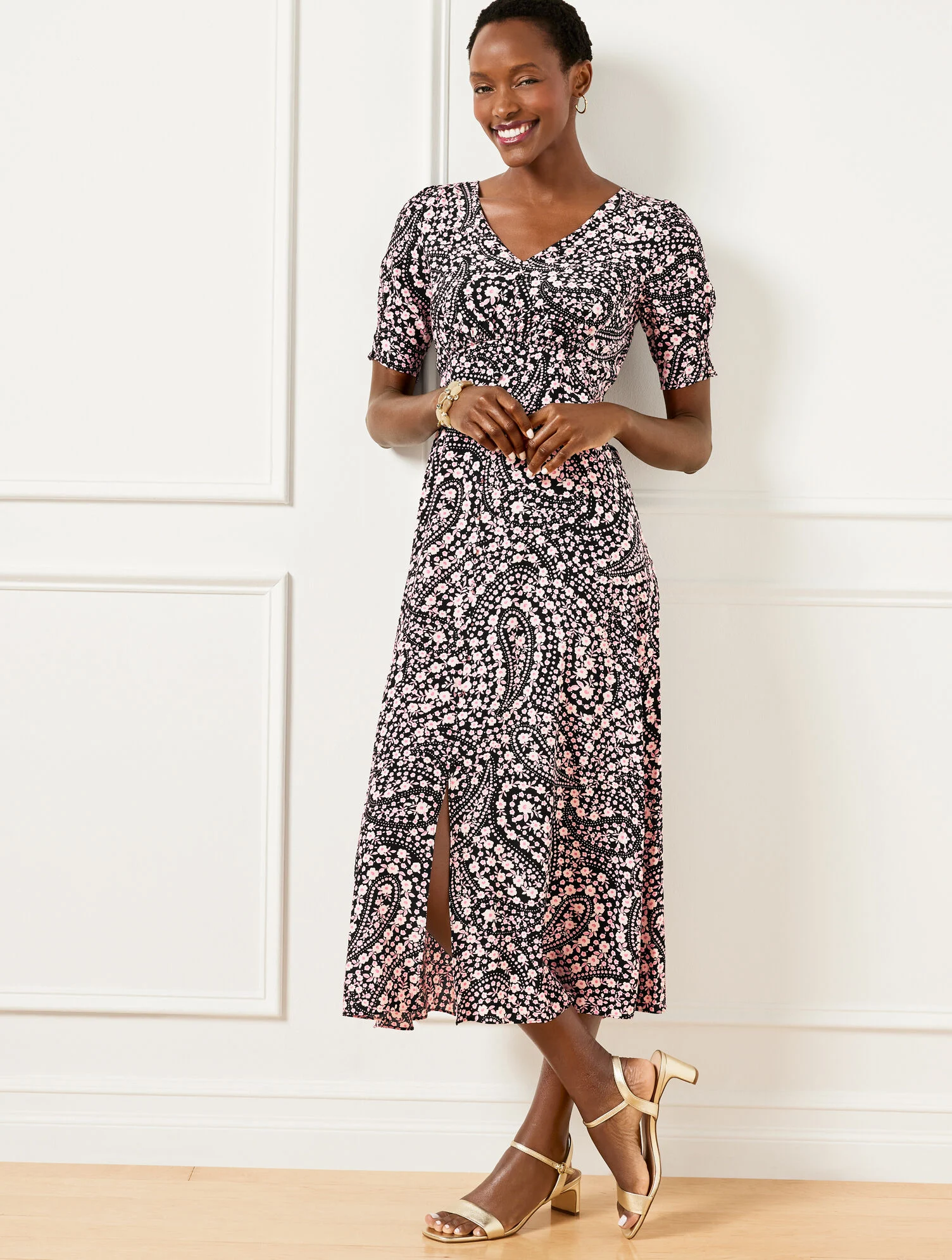 Smocked Sleeve Midi Dress - Floral Paisley