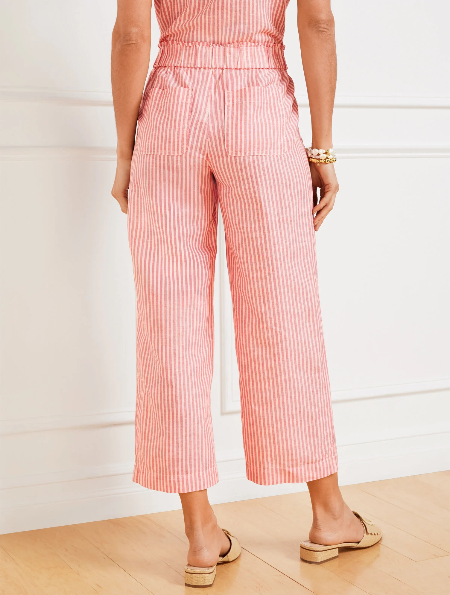 Wide Crop Pull-On Washed Linen Pants - Tonal Stripe