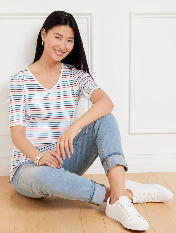 Elbow Sleeve V-Neck Tee - Margot Stripe