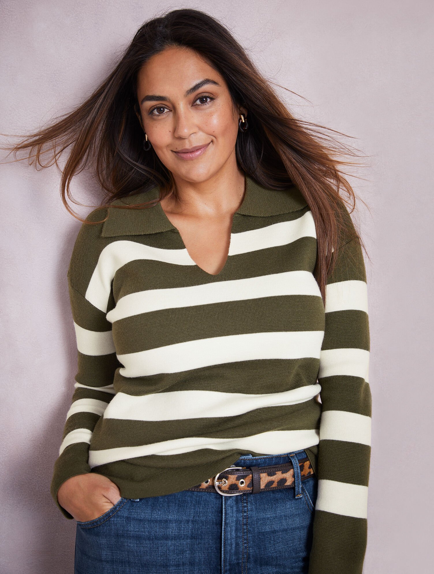 Milano Stitch Johnny Collar Sweater - Stripe